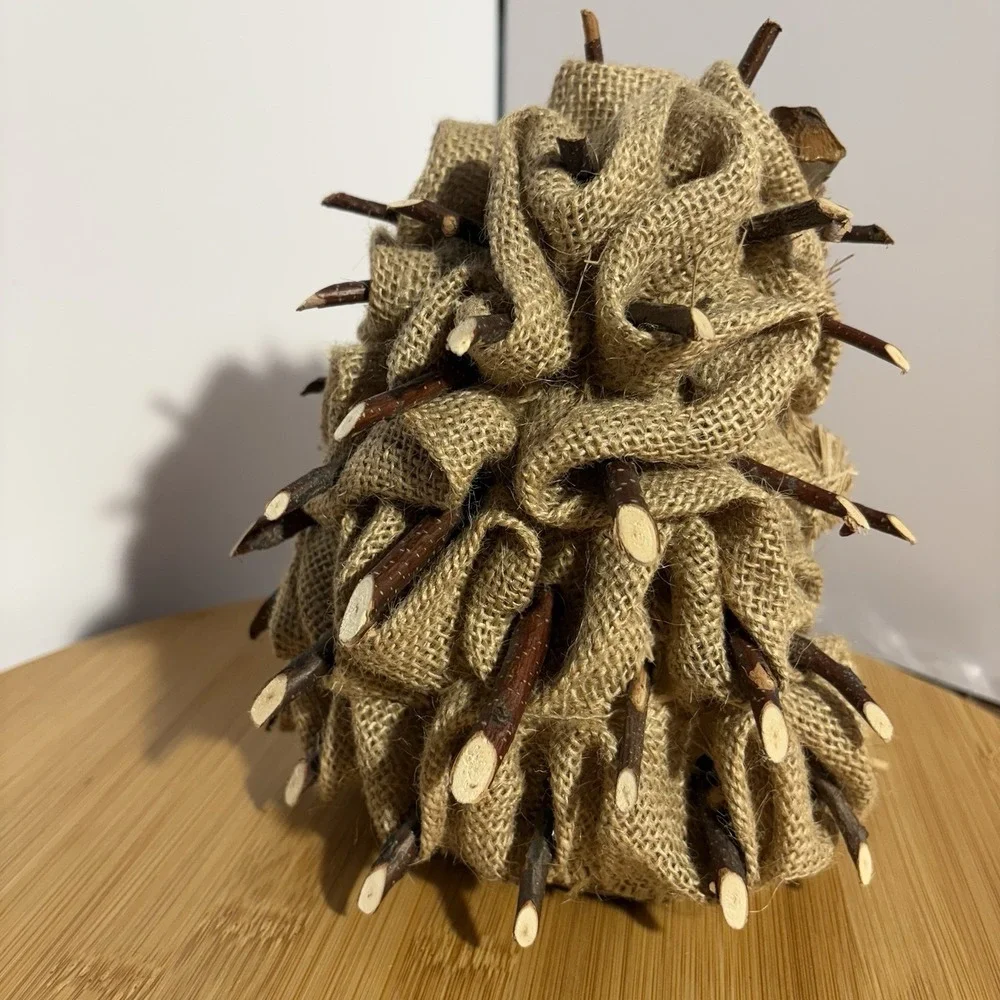 Hand Crafted Hedgehog Natural Twig Straw Burlap Figurine Brown Porcupine Animal